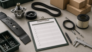 Generic aftermarket mower parts arranged around an RFQ data checklist