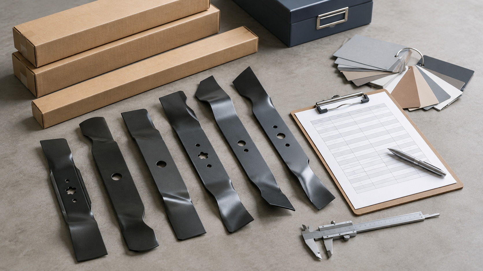 Generic mower blades, calipers, packaging boxes, and a buyer data checklist on a worktable