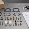 Generic small-engine carburetor repair kit components beside calipers and a buyer fitment checklist