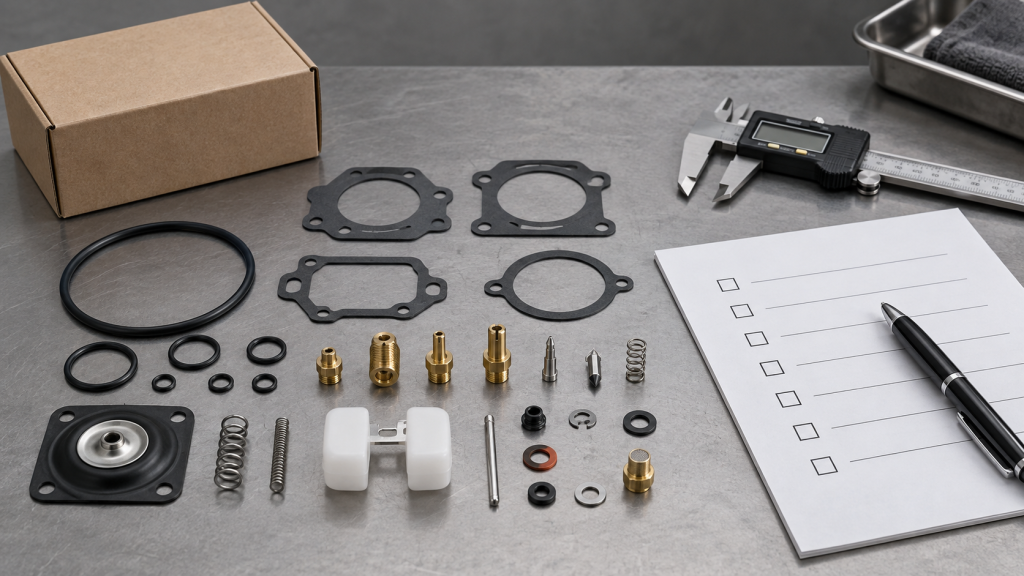 Generic small-engine carburetor repair kit components beside calipers and a buyer fitment checklist