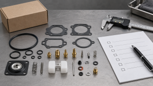 Generic small-engine carburetor repair kit components beside calipers and a buyer fitment checklist