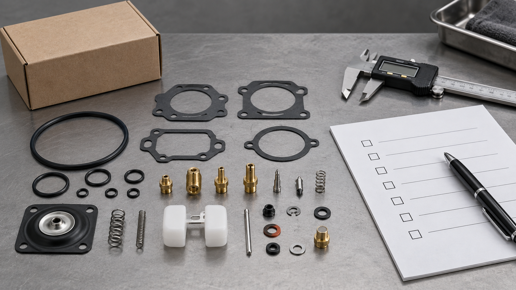 Generic small-engine carburetor repair kit components beside calipers and a buyer fitment checklist