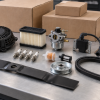 Generic outdoor power equipment replacement parts organized with cartons and a blank purchasing worksheet