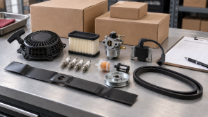 Generic outdoor power equipment replacement parts organized with cartons and a blank purchasing worksheet