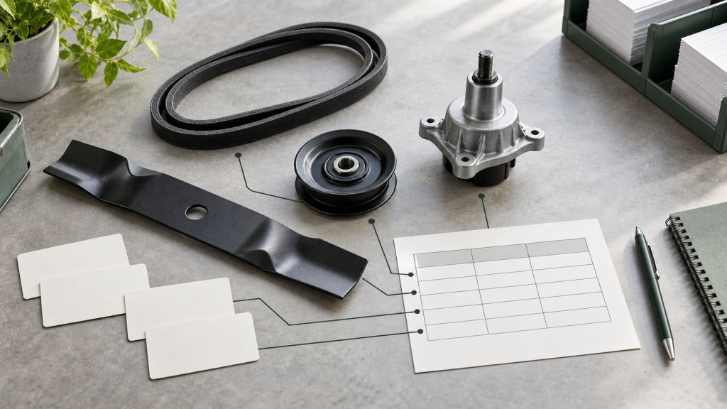 Editorial flat lay of generic mower replacement parts, blank data cards, and a catalog mapping grid