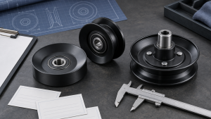 Generic aftermarket mower pulleys, blank specification cards, and a caliper arranged on an industrial workbench