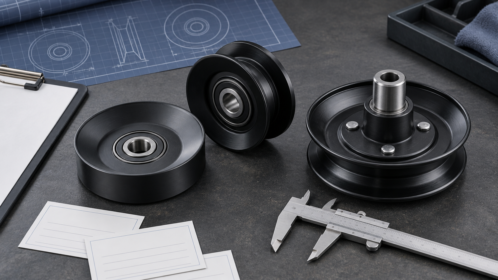 Generic aftermarket mower pulleys, blank specification cards, and a caliper arranged on an industrial workbench