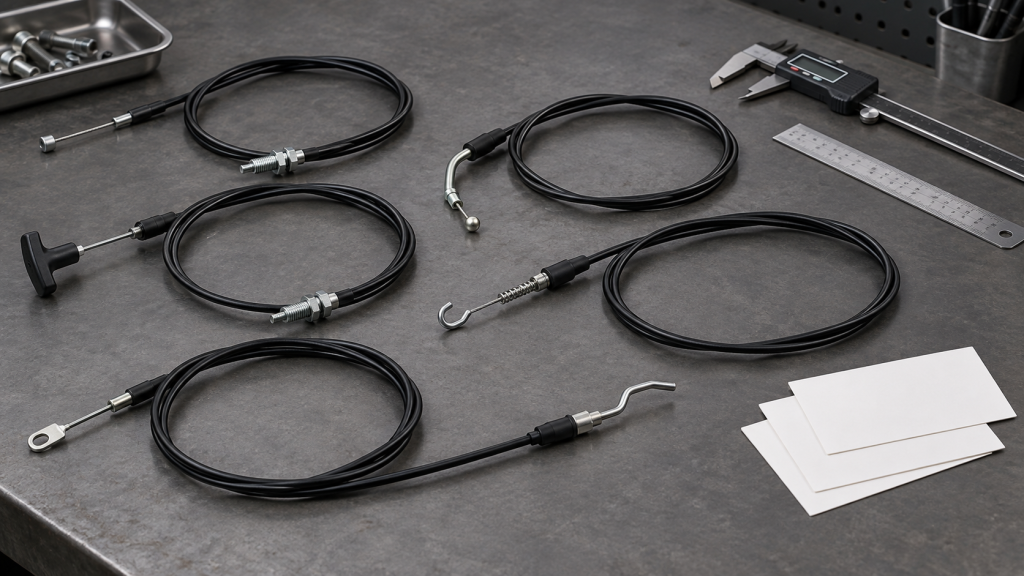 Generic aftermarket lawn mower control cables with blank fitment cards and measuring tools on a workbench