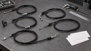 Generic aftermarket lawn mower control cables with blank fitment cards and measuring tools on a workbench