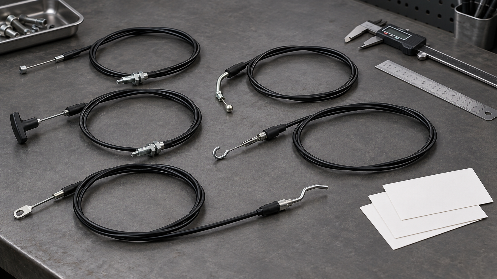 Generic aftermarket lawn mower control cables with blank fitment cards and measuring tools on a workbench
