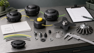 Generic aftermarket trimmer heads with thread gauges, measuring tools, and blank buyer checklists on a workbench
