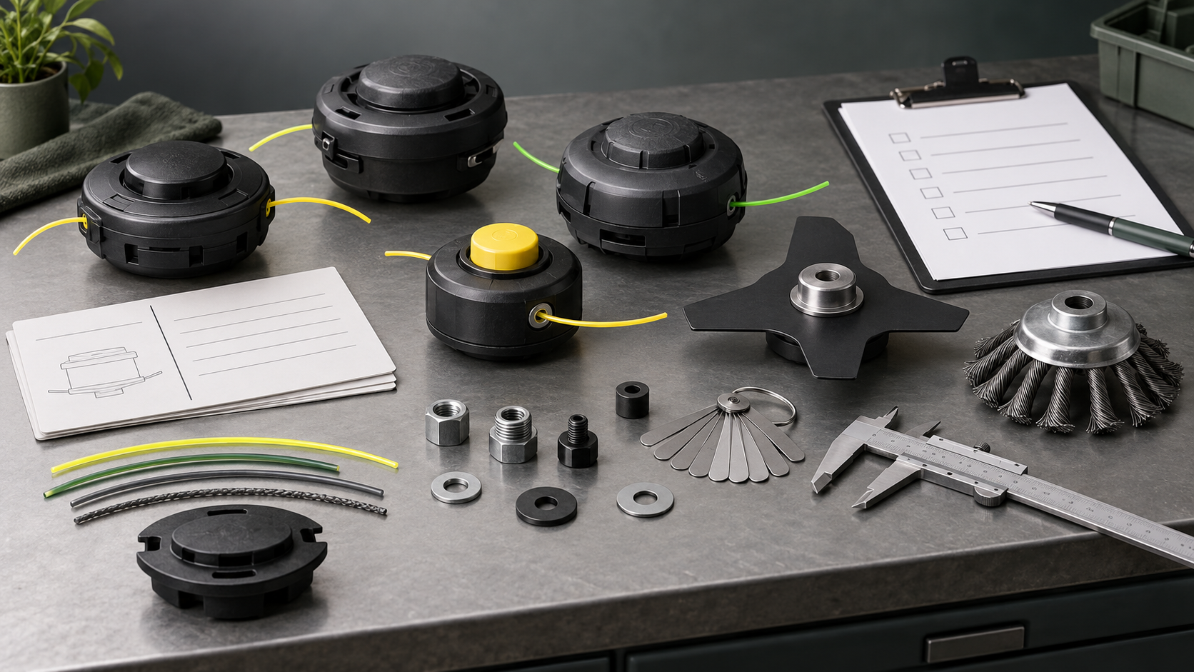 Generic aftermarket trimmer heads with thread gauges, measuring tools, and blank buyer checklists on a workbench