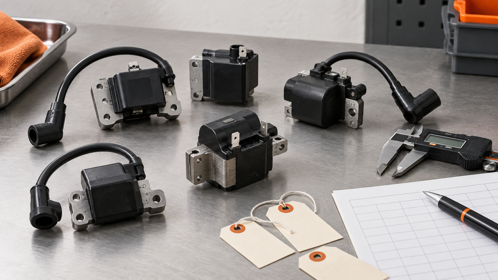 Generic aftermarket ignition coil modules beside a caliper and blank fitment review worksheet on a clean workbench