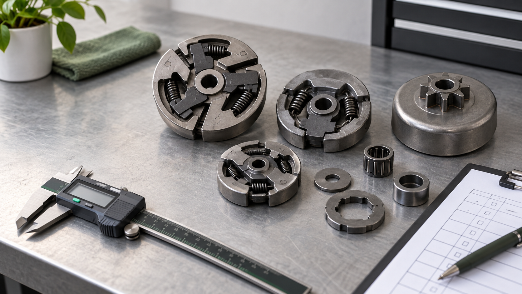 Generic aftermarket chainsaw clutch assemblies beside a caliper and blank fitment checklist on a clean workbench