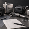 Generic small-engine mufflers arranged with a caliper and blank buyer checklist on a professional workbench