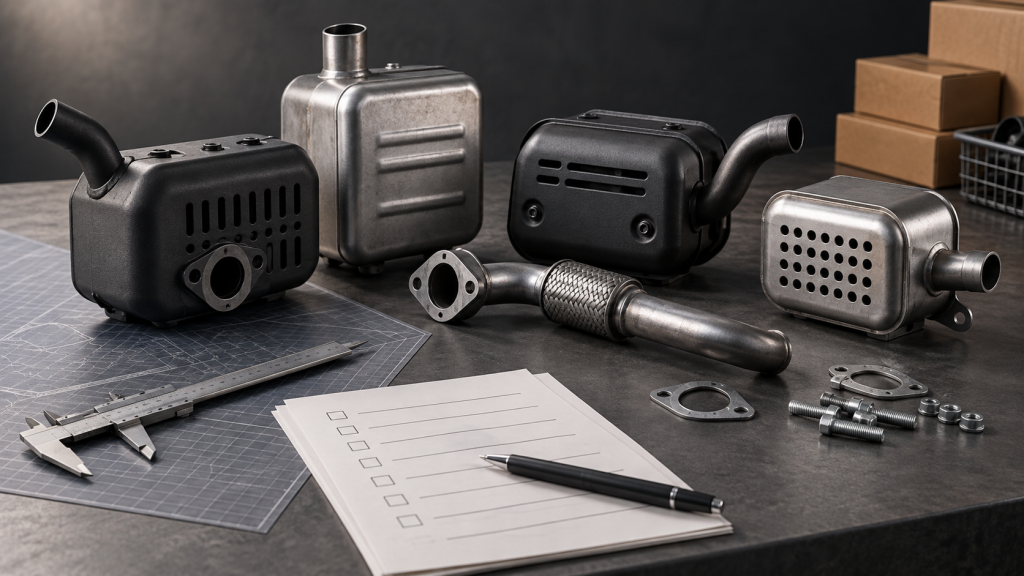 Generic small-engine mufflers arranged with a caliper and blank buyer checklist on a professional workbench